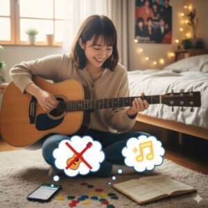 ギターを弾きながら笑顔の日本人女性と、彼女の頭上に浮かぶギターに関する悩みと上達のイメージ。

