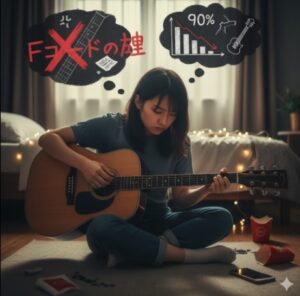 ギターを弾きながら難しい顔をしている日本人女性と、彼女の頭上に浮かぶFコードの壁と挫折率9割を示すイメージ。

