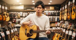楽器店でアコースティックギターをどう構えたら良いか悩んでいる若い日本人男性。ギター初心者が利き手を見分ける際の戸惑いを表現している。


