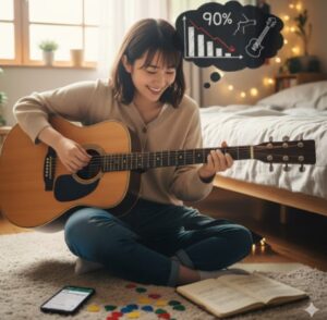 ギターを弾きながら笑顔の日本人女性と、彼女の頭上に浮かぶギターに関する悩みと上達のイメージ。

