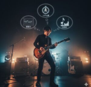 ライブステージでエレキギターを演奏する日本人男性ギタリストと、彼の頭上に浮かぶリズム感、音作り、引き算といった上手いギタリストの特徴のイメージ。


