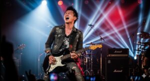 ライブステージの照明を浴びながら、情熱的にエレキギターを演奏する左利きの日本人ギタリスト。ステージ上で際立つ存在感を放っている。


