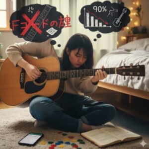 ギターを弾きながら難しい顔をしている日本人女性と、彼女の頭上に浮かぶFコードの壁と挫折率9割を示すイメージ。

