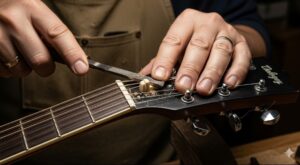 ギター職人が、右利き用ギターを左利き仕様にするために、ヘッド部分のナットを専用工具で慎重に調整しているクローズアップ写真。

