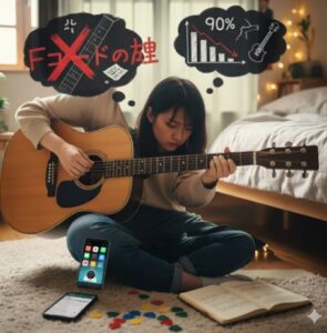 ギターを弾きながら難しい顔をしている日本人女性と、彼女の頭上に浮かぶFコードの壁と挫折率9割を示すイメージ。


