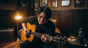 ヴィンテージな雰囲気の部屋で、感情を込めてアコースティックギターを弾く左利きの日本人ミュージシャン。伝説的なギタリストの姿を彷彿とさせる。