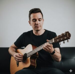 アコースティックギターを練習している日本人男性が、隣に置かれたスマートフォンでギター練習アプリを使用している様子。






