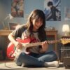 アニメのポスターが貼られた部屋で、楽しそうにエレキギターを弾く若い日本人女性