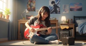 アニメのポスターが貼られた部屋で、楽しそうにエレキギターを弾く若い日本人女性

