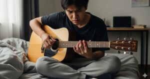 ギターの弦を押さえる指の痛みに、悔しそうな表情を浮かべて練習する日本人男性

