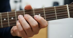 アコースティックギターのフレットボードで、Cメジャーコードを正しく押さえている日本人の手のクローズアップ

