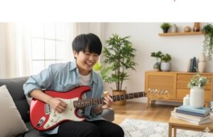 明るいリビングで、達成感に満ちた笑顔でエレキギターを弾く若い日本人男性







